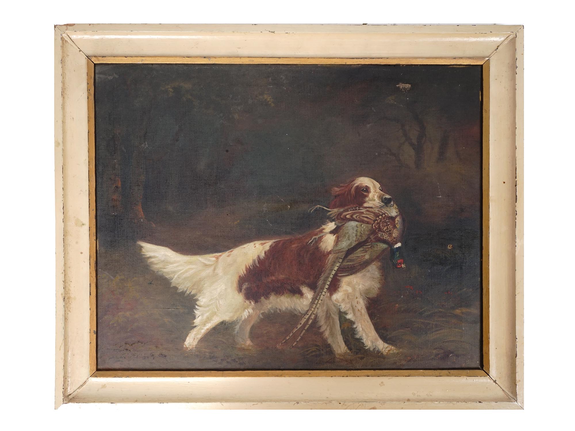 ANTIQUE PAINTING WITH DOG AND PHEASANT FRAMED PIC-0